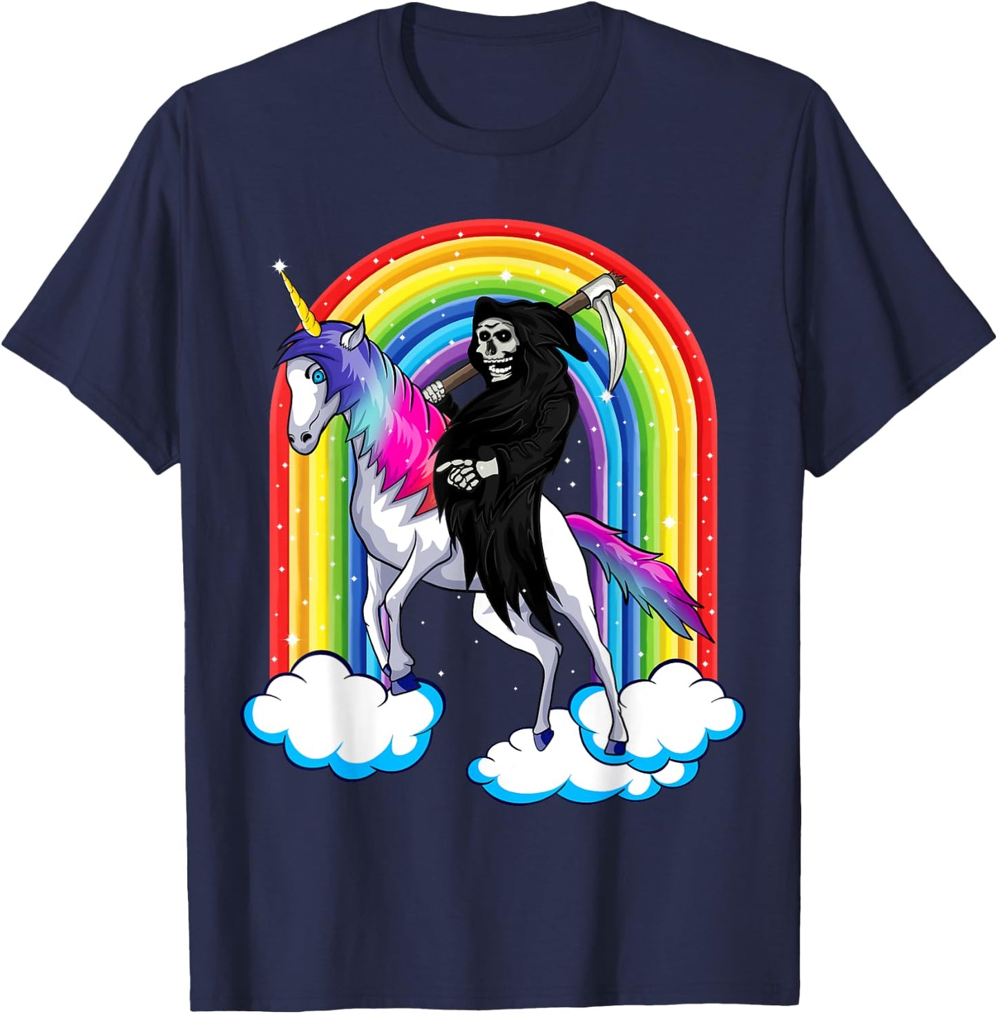 Grim Reaper Skull Riding An Unicorn, Death Unicorn Halloween T-Shirt - T-Shirt | Navy