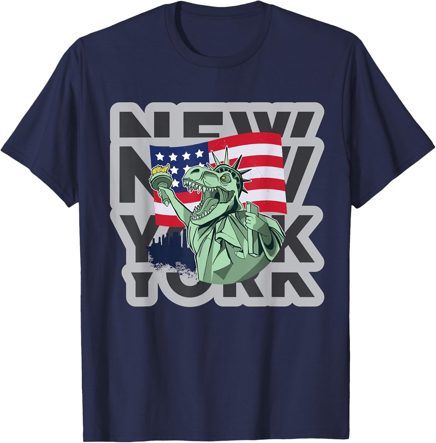 NYC New York City Skylines statue of liberty Growl Dinosaur T-Shirt - T-Shirt | Navy