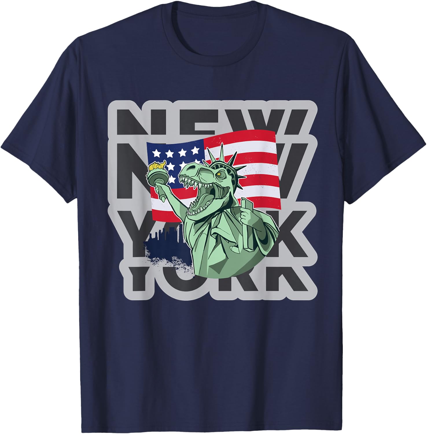 NYC New York City Skylines statue of liberty Growl Dinosaur T-Shirt - T-Shirt | Navy