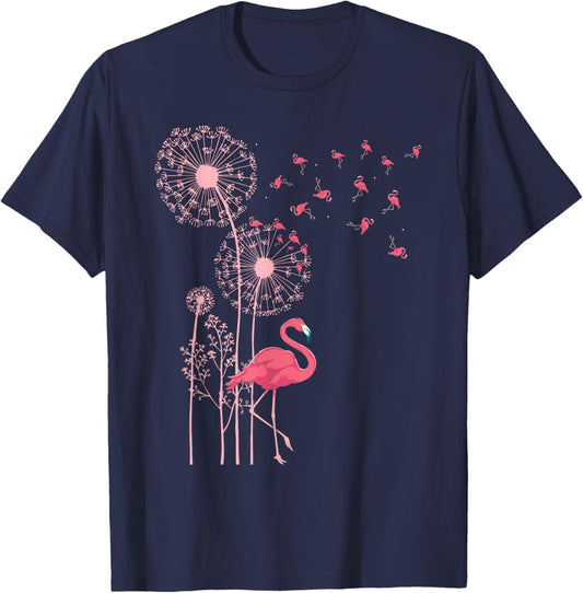 Flower Dandelion Exotic Animal Tropical Bird Pink Flamingo T-Shirt - T-Shirt | Navy