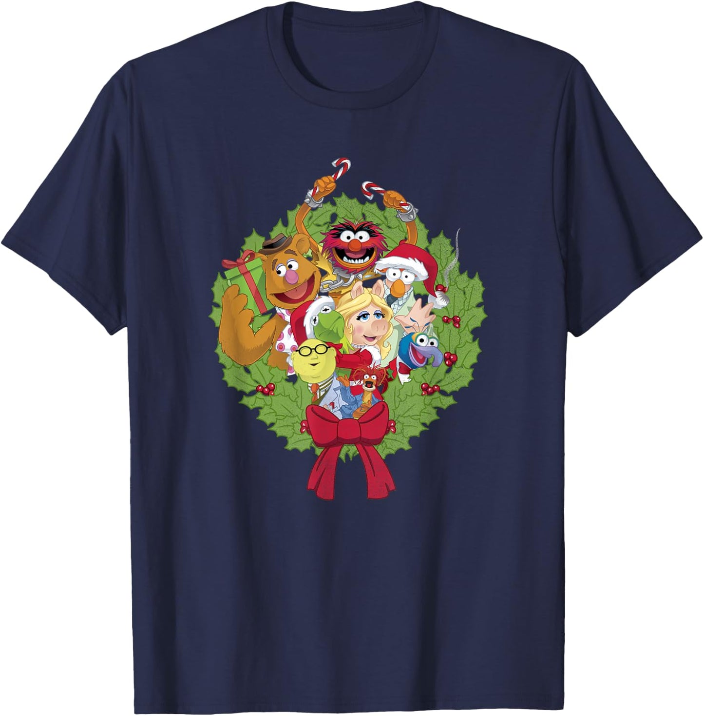 Disney The Muppets Christmas Muppet Group Wreath T-Shirt - T-Shirt | Navy