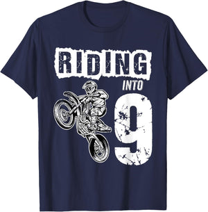 Riding Into 9 Years Old 9th Birthday Boy Dirt Bike Party T-Shirt - T-Shirt | Navy
