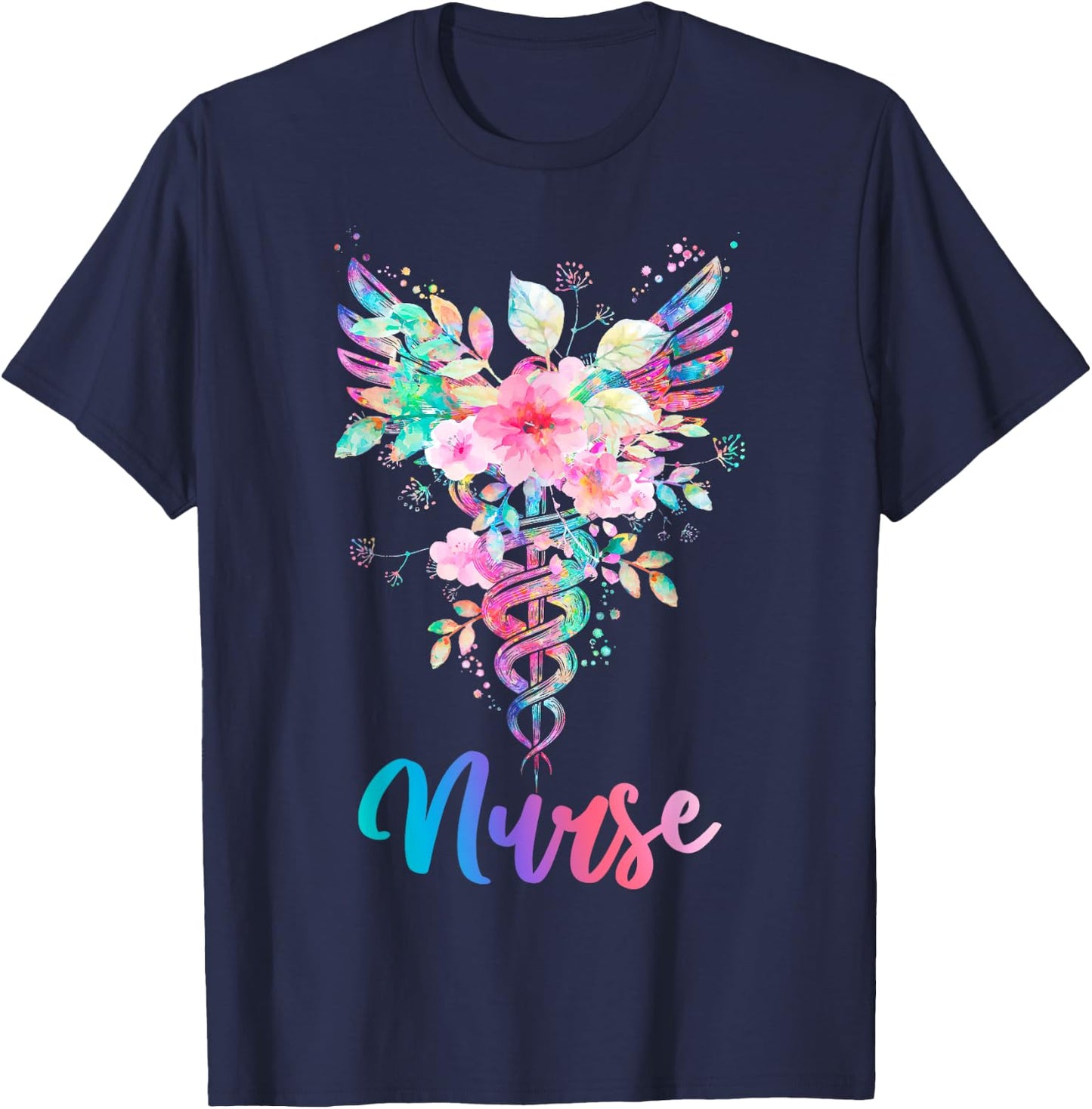 Nurse Watercolor Floral Caduceus T-Shirt - T-Shirt | Navy