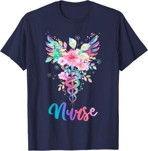 Nurse Watercolor Floral Caduceus T-Shirt - T-Shirt | Navy