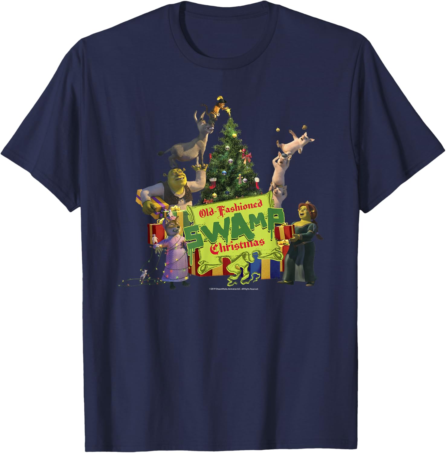 Shrek Group Shot Old-Fashioned Swap Christmas Text Poster T-Shirt - T-Shirt | Navy