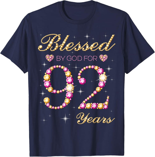 Blessed By God For 92 Years Old 92nd Birthday Party T-Shirt - T-Shirt | Navy
