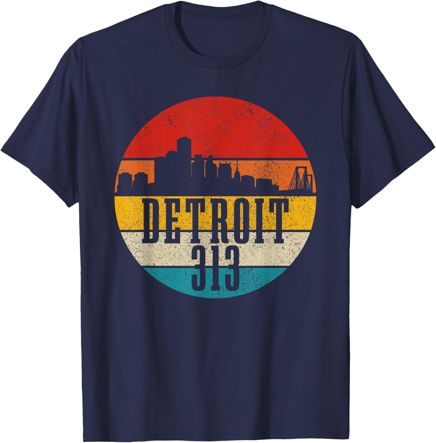 Detroit Skyline 313 Michigan Vintage Retro T-Shirt - T-Shirt | Navy