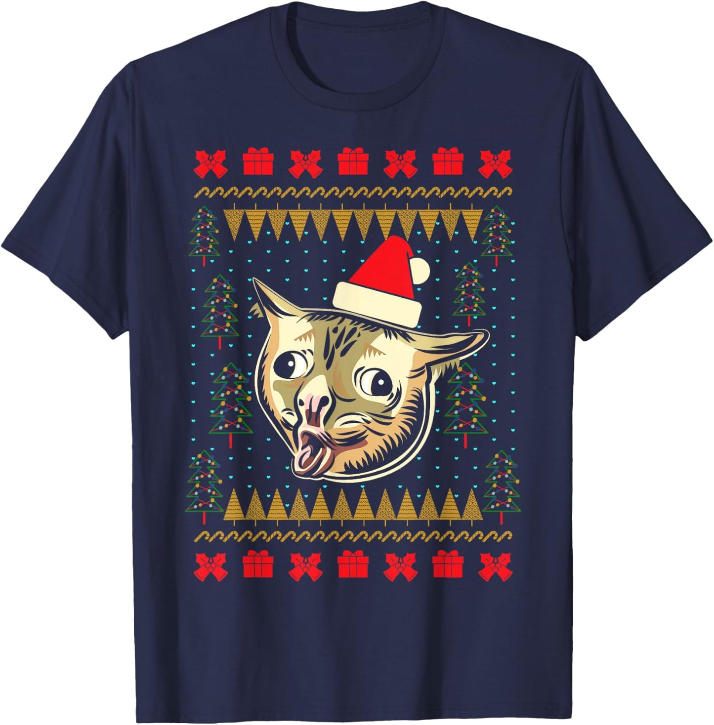 Ugly Christmas Sweater Coughing Cat Meme Men Women Kids T-Shirt - T-Shirt | Navy