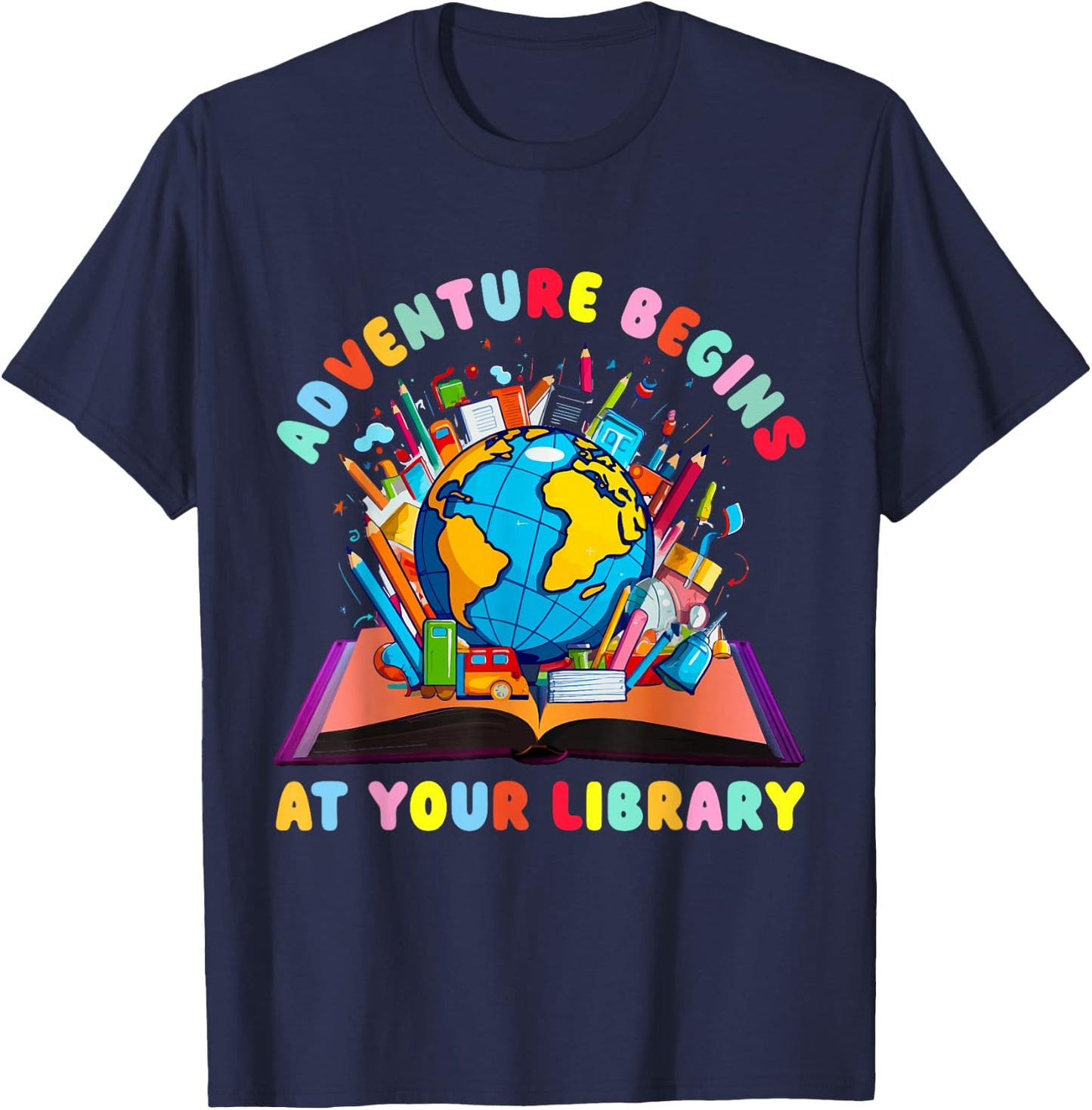 Adventure Begins at your Library Teacher Reading Librarian T-Shirt - T-Shirt | Navy