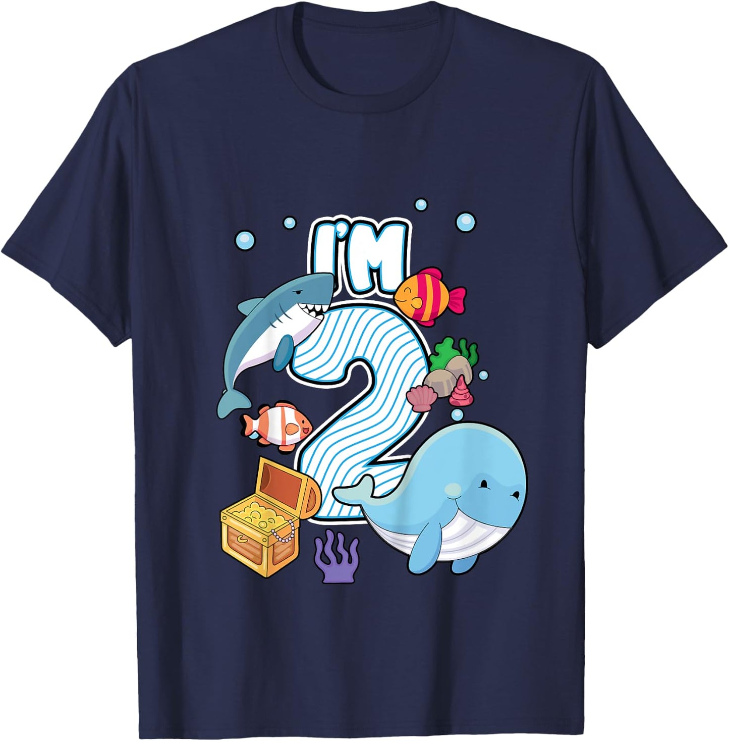 I'M 2 Year Old Ocean Life Whale Dolphin Shark 2nd Birthday T-Shirt - T-Shirt | Navy