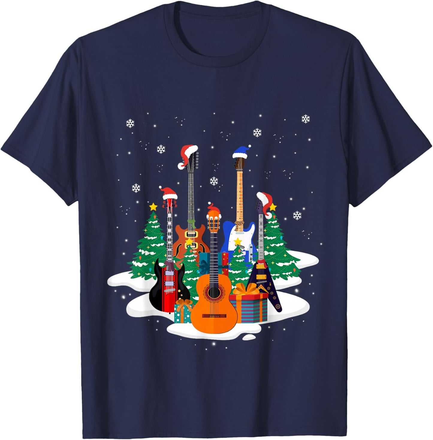 Guitar Santa Hat Christmas Tree Funny Music Loves Xmas Gifts T-Shirt - T-Shirt | Navy