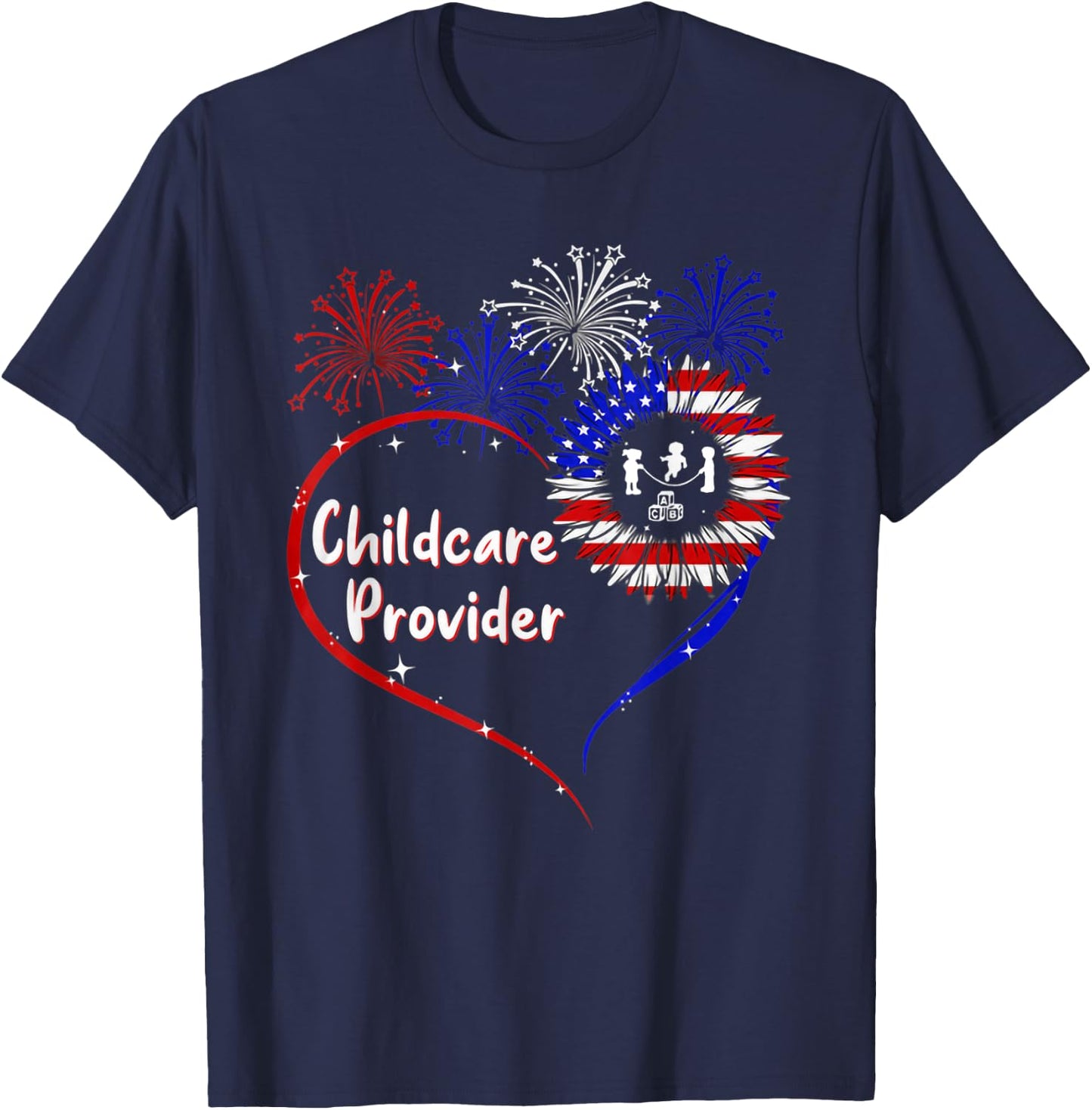 childcare provider american flag heart 4th of July T-Shirt - T-Shirt | Navy