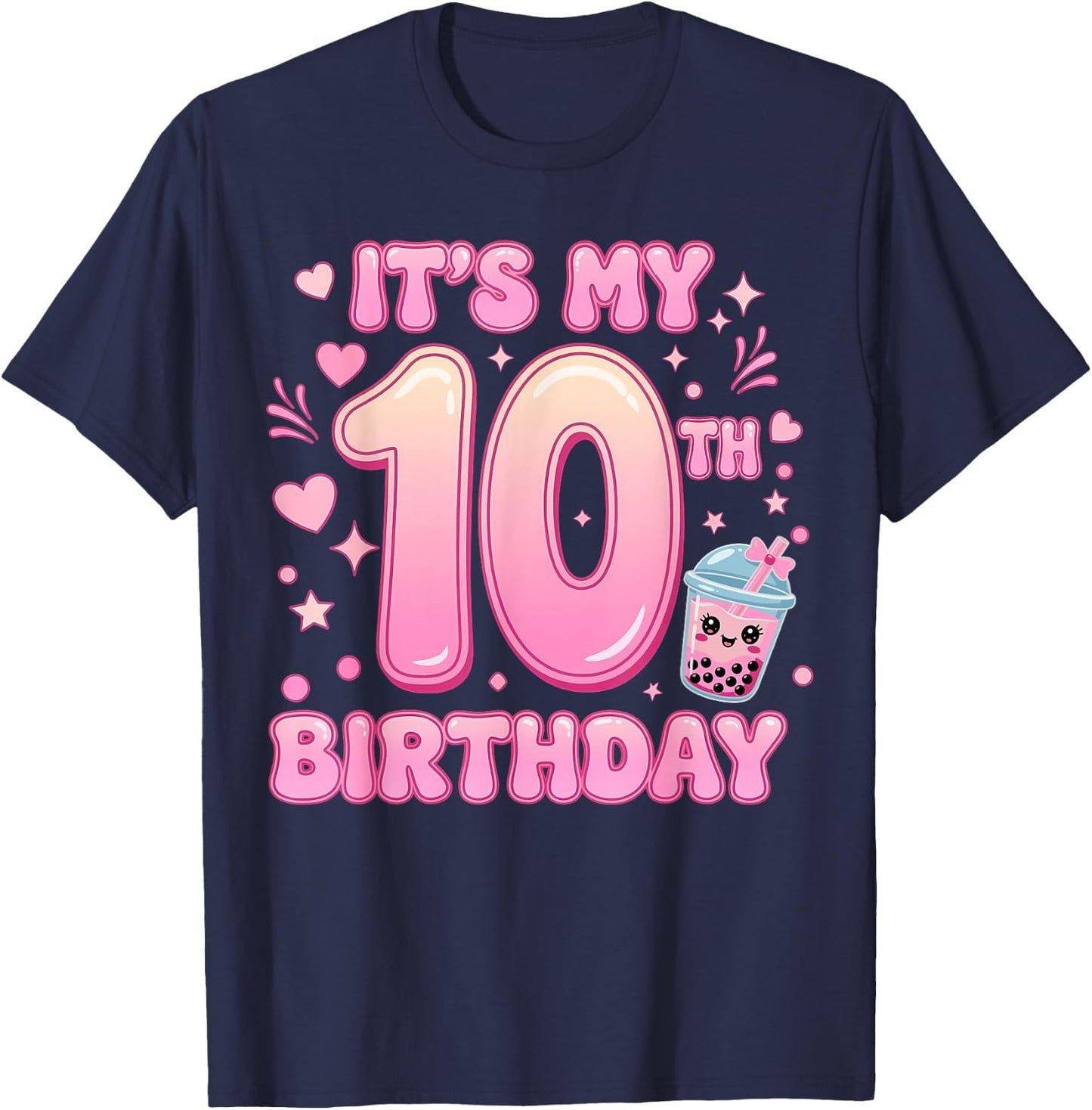 It's My 10th Birthday Girl Bow Milk Tea Bubble Boba Party T-Shirt - T-Shirt | Navy