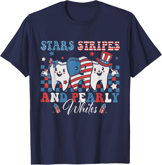 Stars Stripes Pearly Whites Dental Hygienist Patriotic Day T-Shirt - T-Shirt | Navy