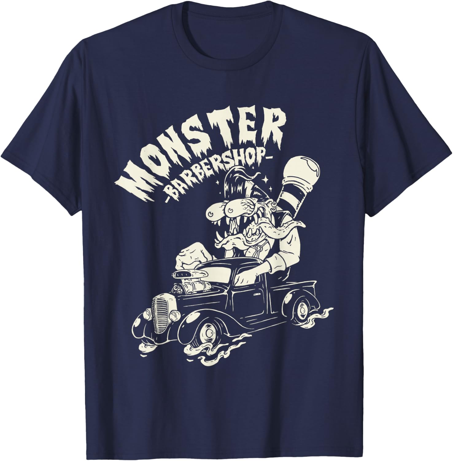 Horror Art - Ratfink Monster Barbershop - Psychobilly Punk T-Shirt - T-Shirt | Navy