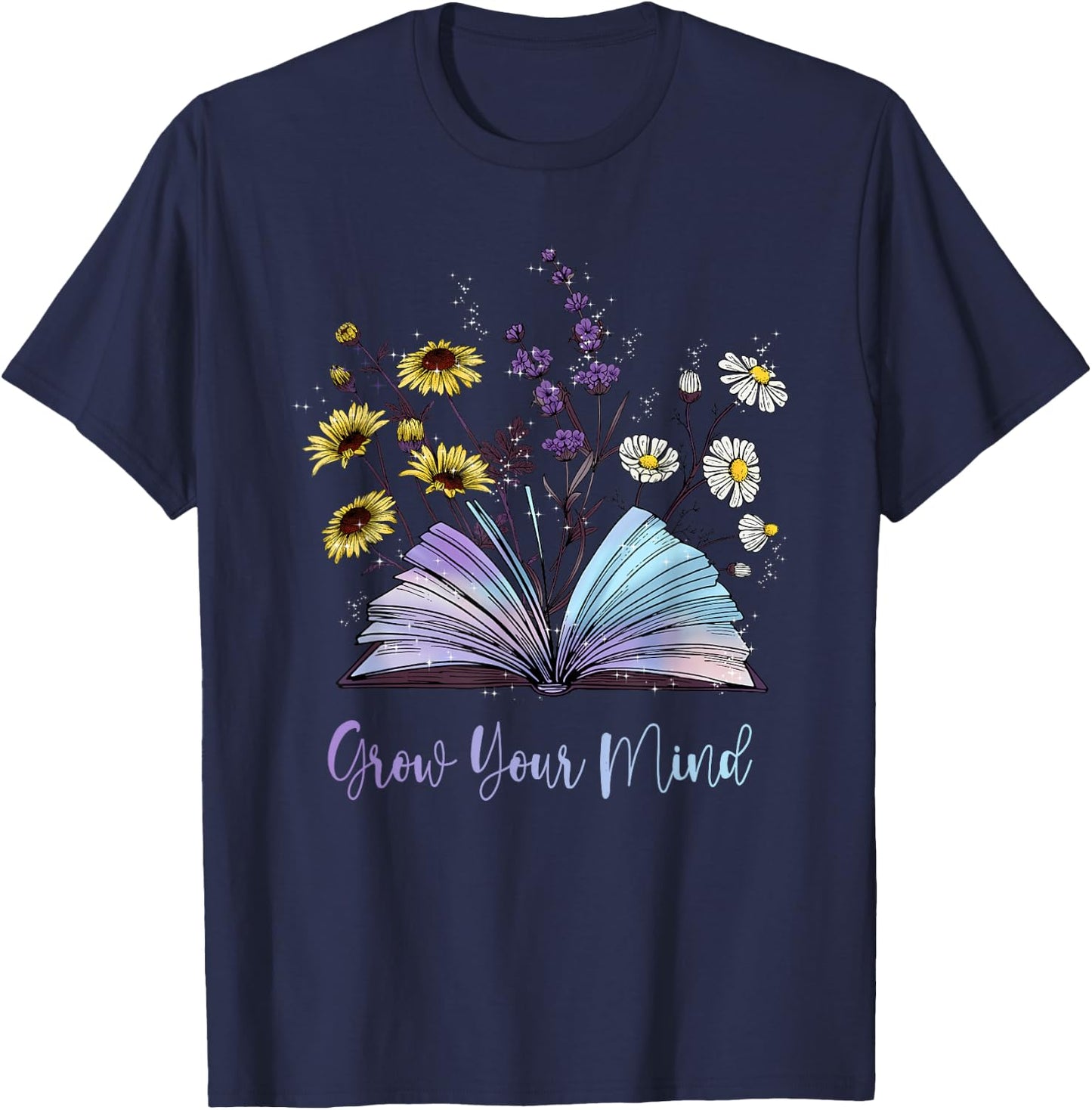 Grow Your Mind Wildflower Book Floral Motivation T-Shirt - T-Shirt | Navy