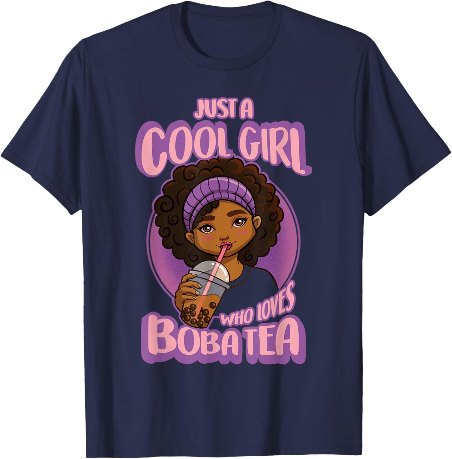 Kawaii Black Girl Anime Boba Tea T-Shirt - T-Shirt | Navy