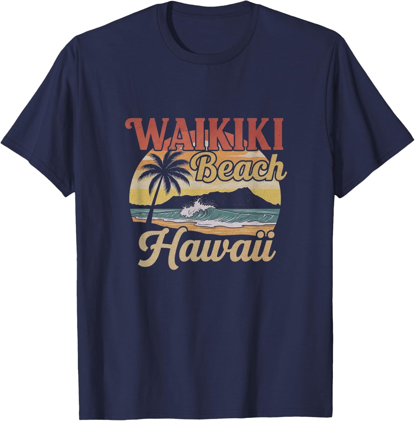 Retro Waikiki Beach Hawaii Art Hawaiian Design T-Shirt - T-Shirt | Navy