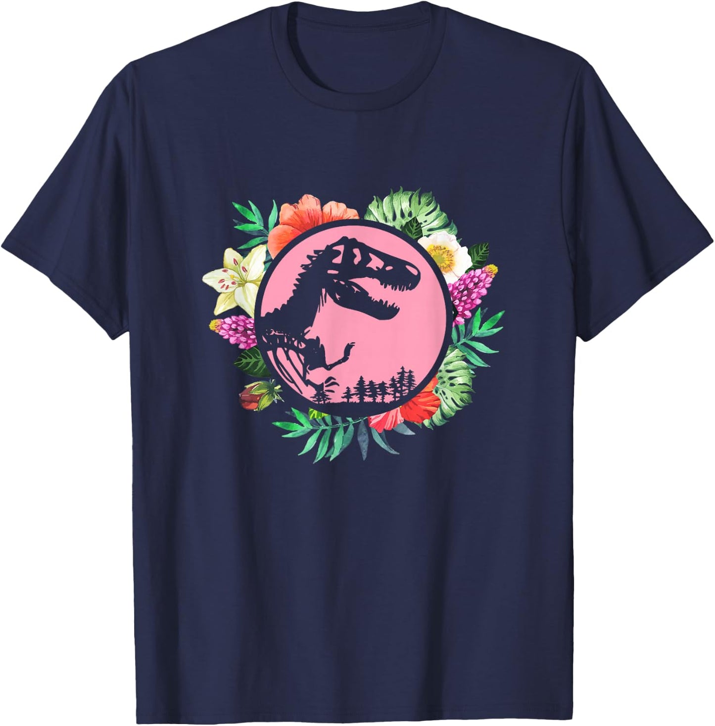 Floral Tropical Hawaiian Pattern T Rex Dinosaur T-Shirt - T-Shirt | Navy