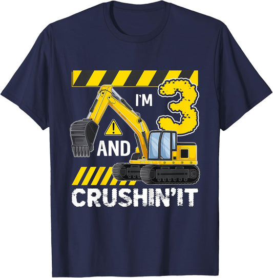 Kids I'm 3 And Crushing It Excavator 3 Year Old 3rd Birthday T-Shirt - T-Shirt | Navy