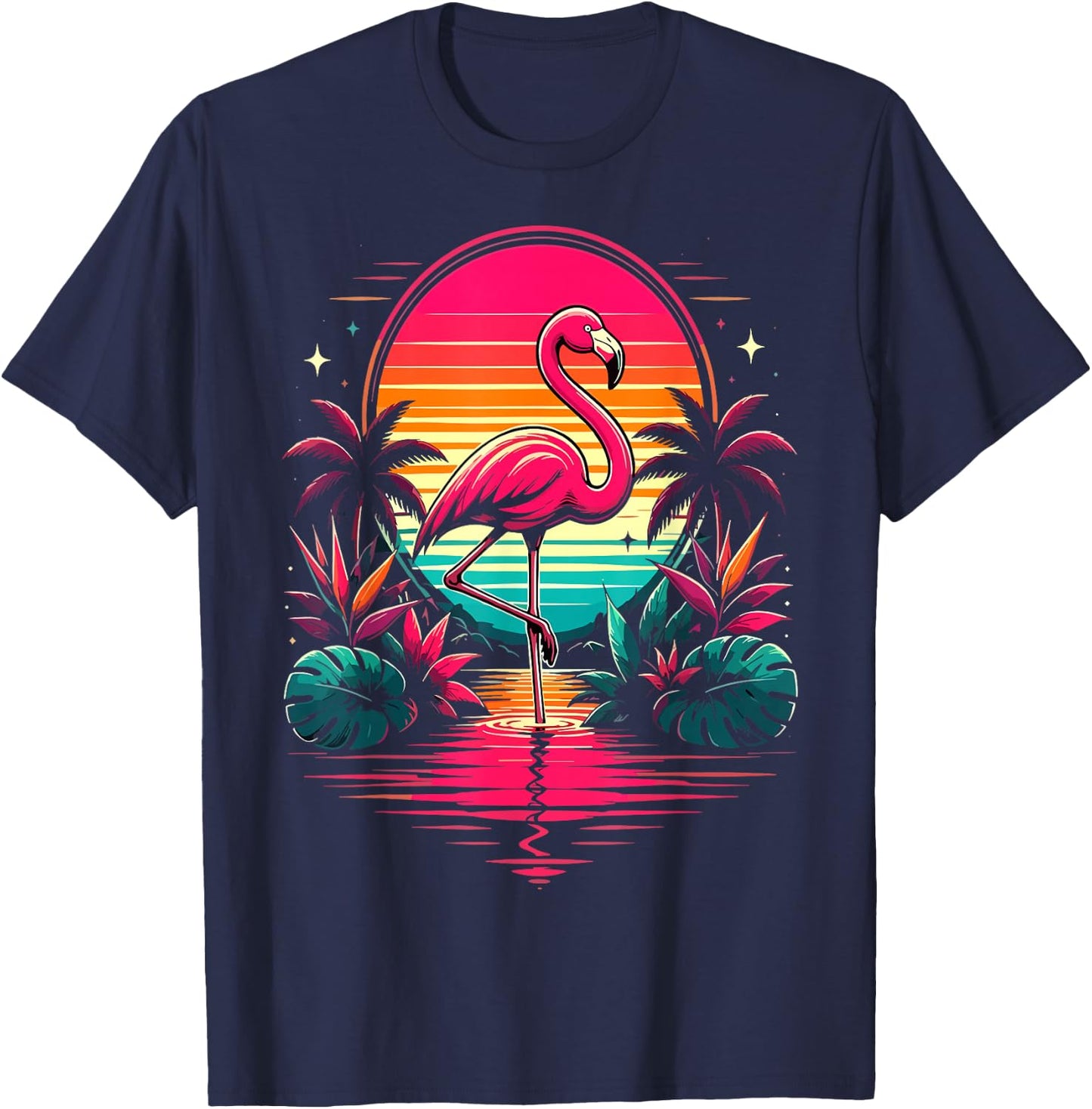 Flamingo Sunset Tropical Beach T-Shirt - T-Shirt | Navy