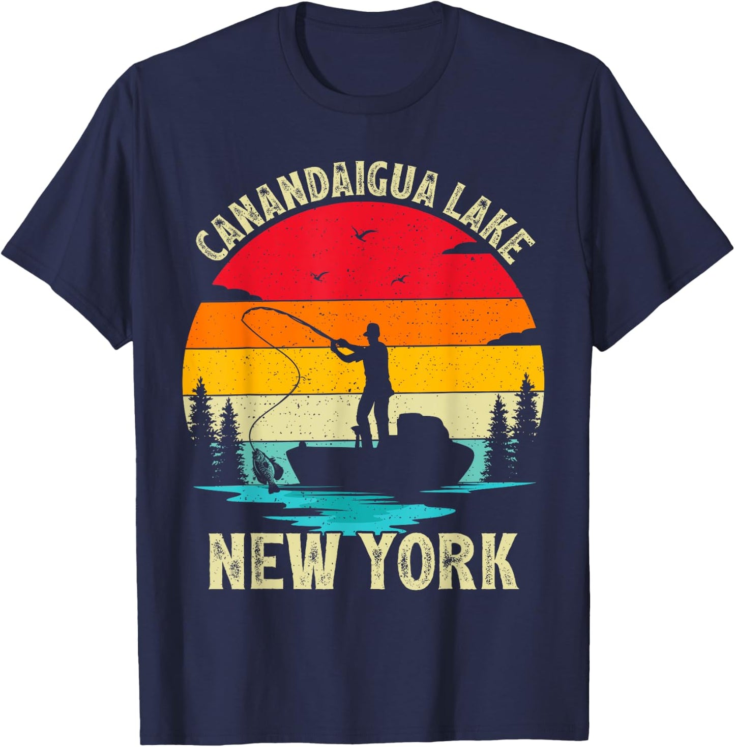 Summer Vacation Fishing Vintage New York Canandaigua Lake T-Shirt - T-Shirt | Navy