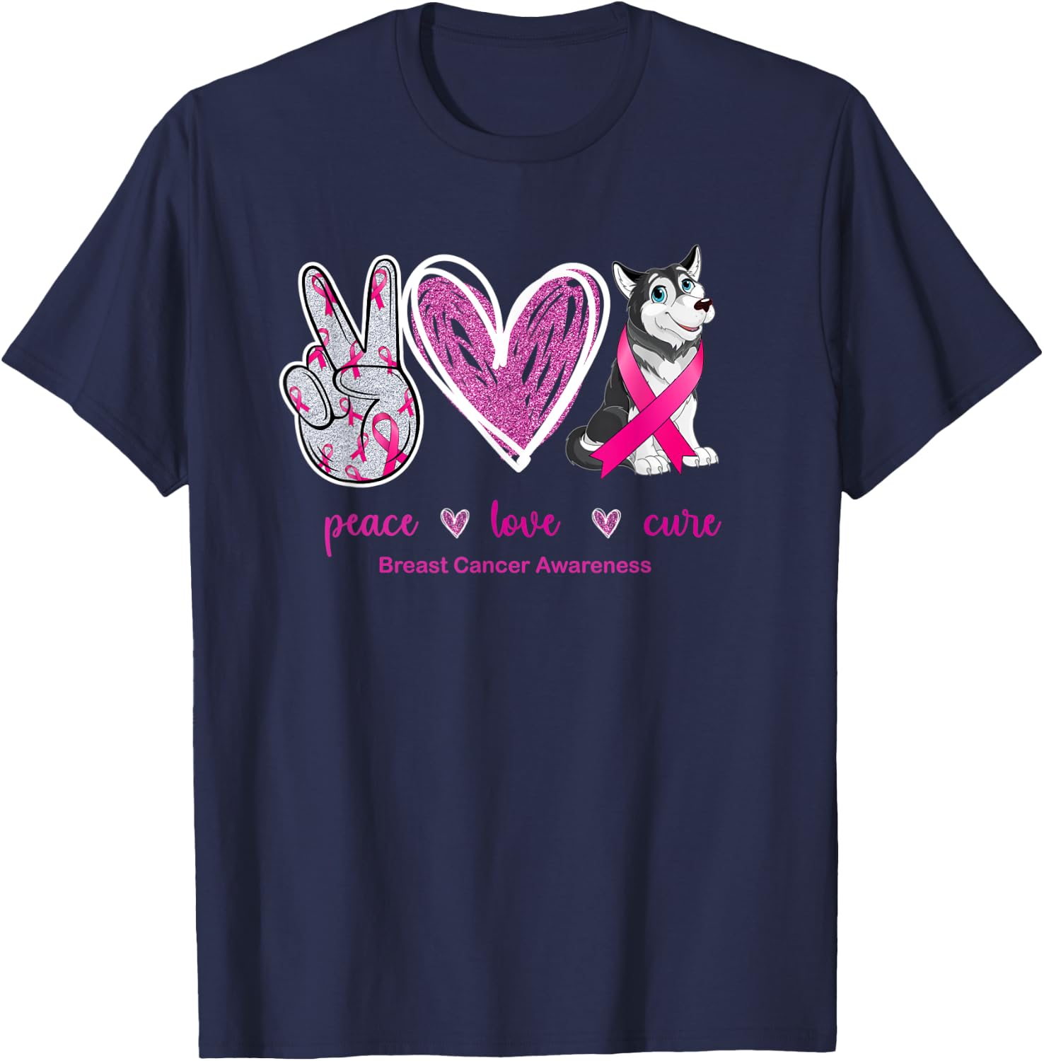 Peace Love Cure Husky Dog Breast Cancer Awareness Women T-Shirt - T-Shirt | Navy