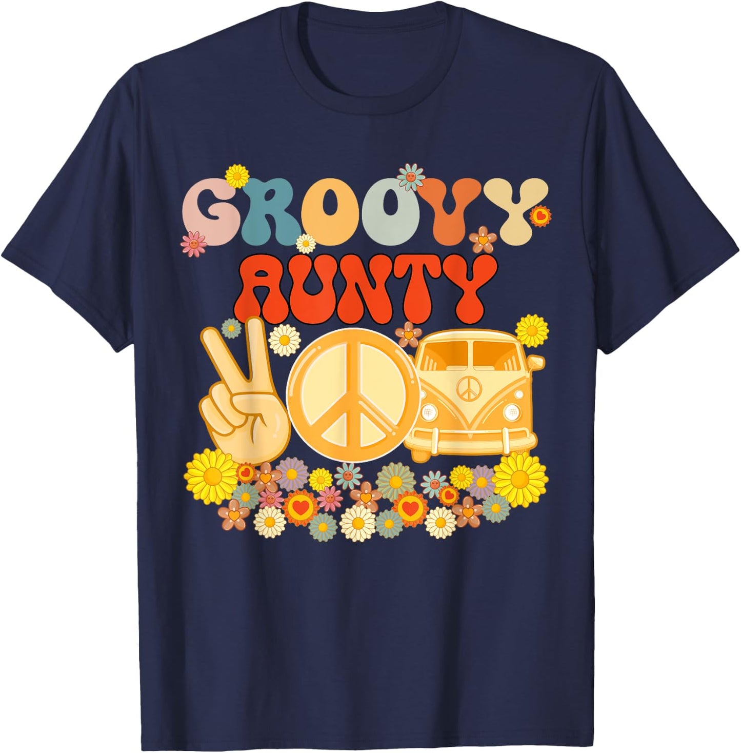 Groovy Aunty Retro Matching Family Baby Shower Mother's Day T-Shirt - T-Shirt | Navy