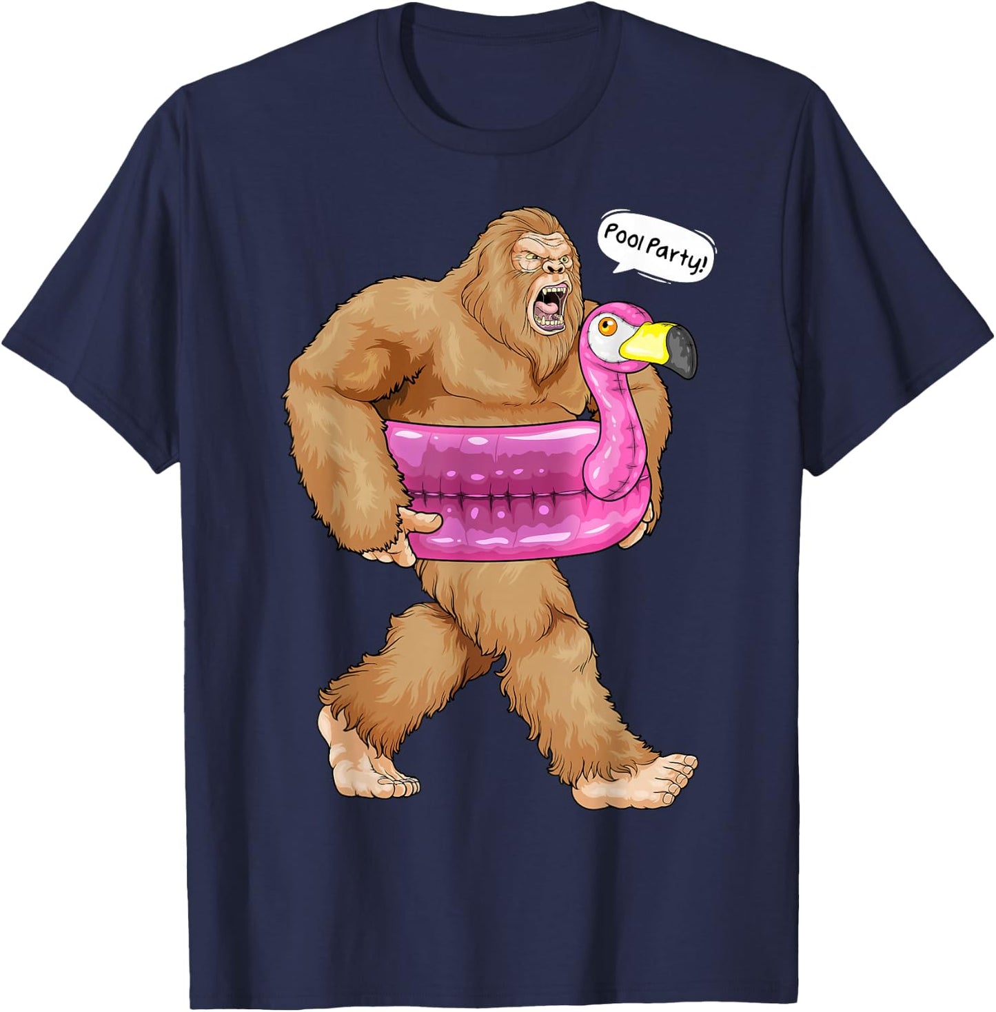 Pool Party Bigfoot Flamingo Float Funny Sasquatch Pink Float T-Shirt - T-Shirt | Navy