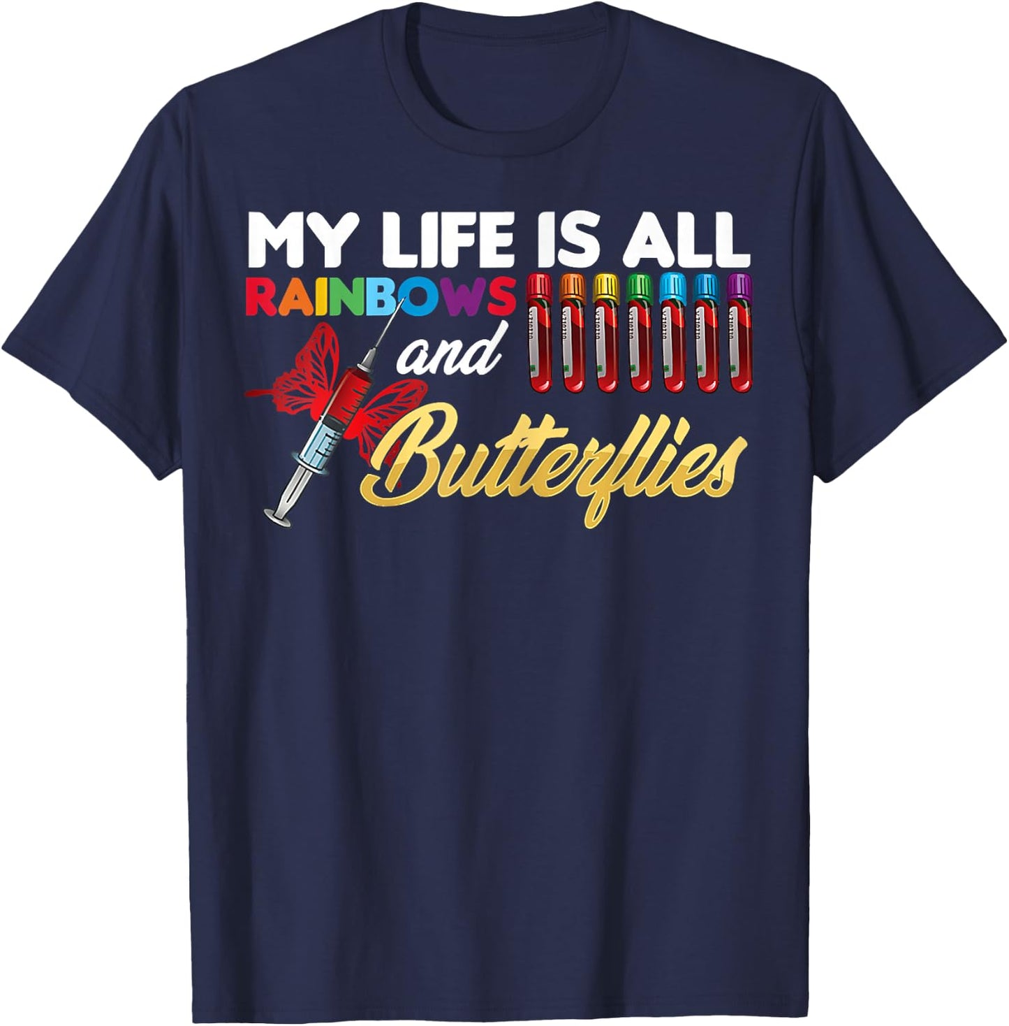 Reaction Glass Butterfly Rainbow Phlebotomy Laboratory Small T-Shirt - T-Shirt | Navy