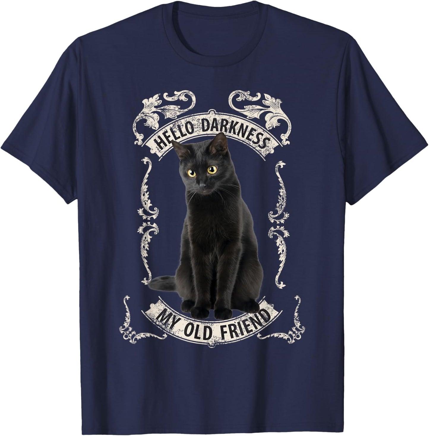 Hello Darkness My Old Friend Black Cat Lovers Music Fan T-Shirt - T-Shirt | Navy