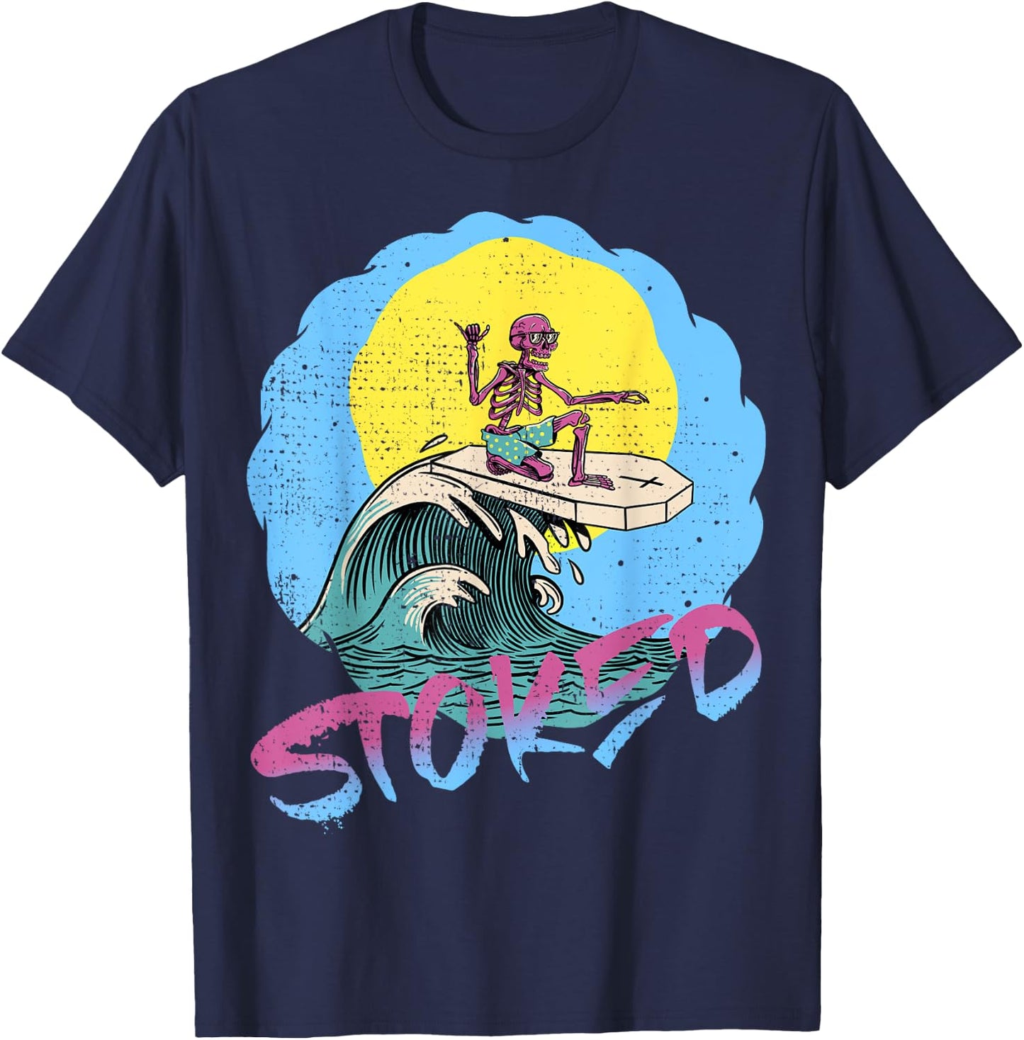 Surfing Skeleton Shaka T Shirts 80s Surf Surfboard T-Shirt - T-Shirt | Navy