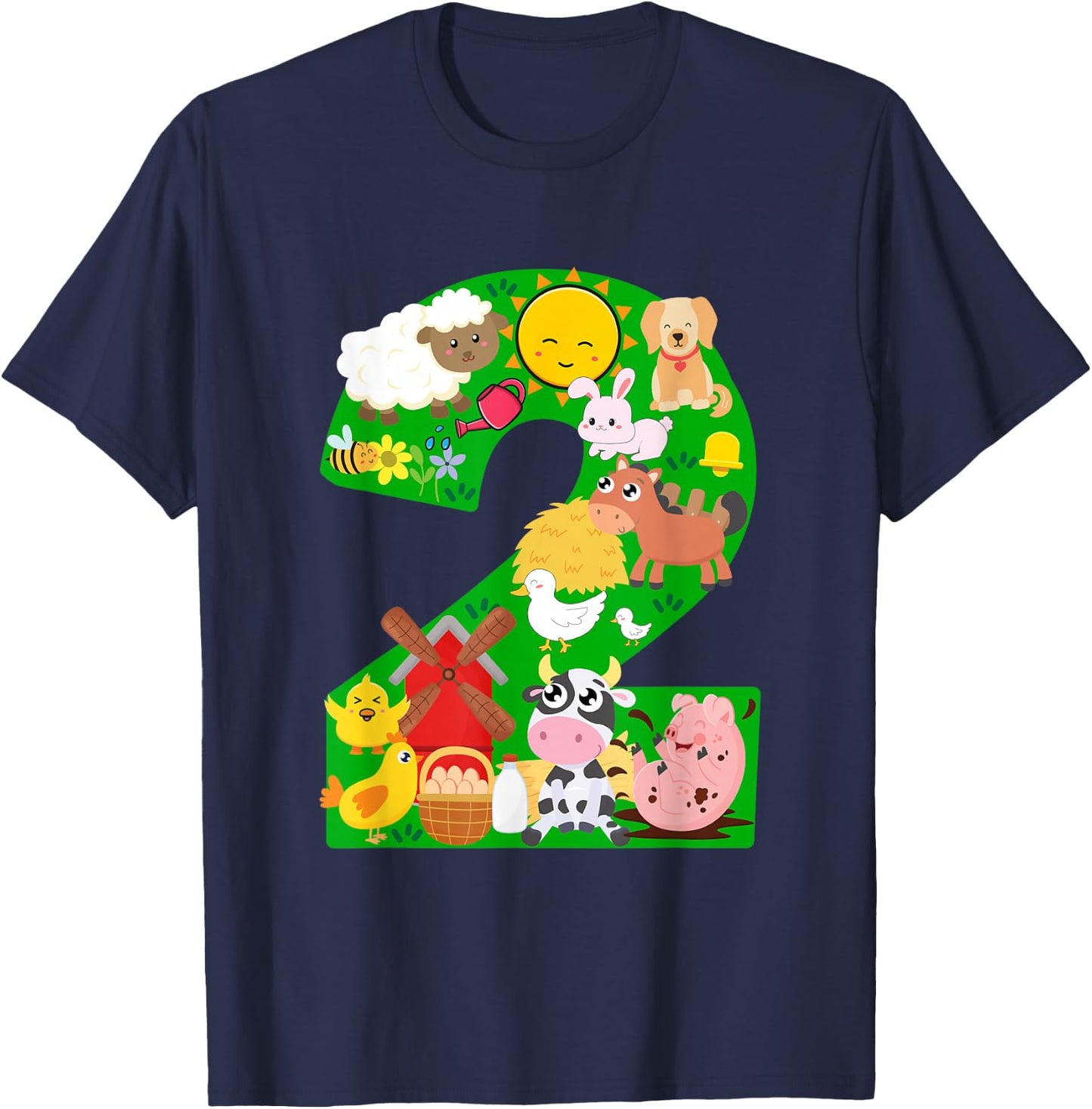 Farm Animals 2 Two Year Old Kids 2nd Birthday Party Farmer T-Shirt - T-Shirt | Navy