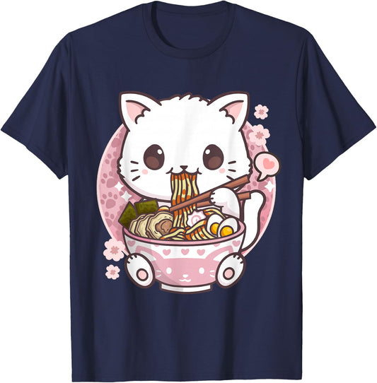 Kawaii Anime Shirts Ramen Cat Kawaii Anime Ramen Cat Cat Lovers Kawaii Neko , Black T-Shirt - T-Shirt | Navy
