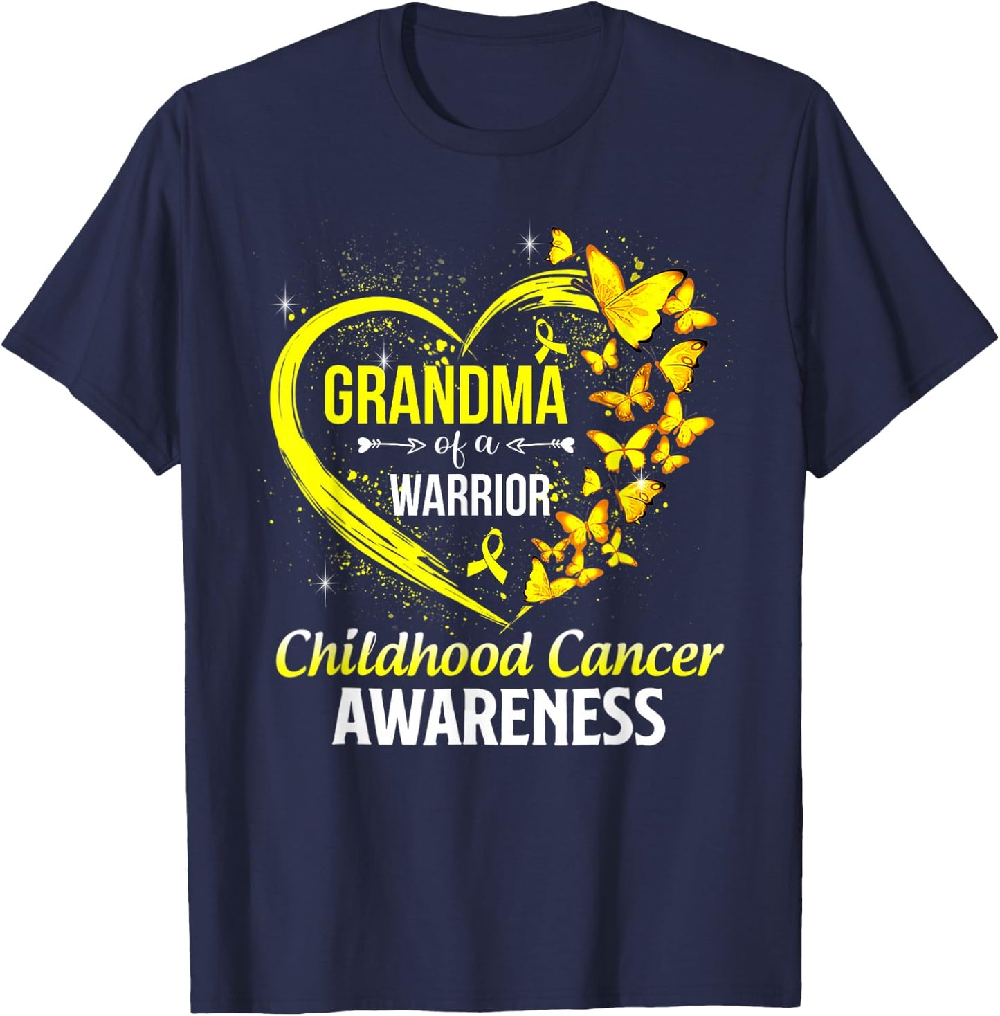 Butterfly Grandma Of A Warrior Childhood Cancer Awareness T-Shirt - T-Shirt | Navy