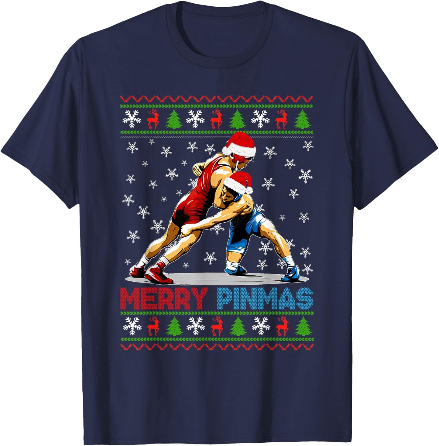 Merry Pinmas Ugly Christmas Santa Claus Wrestling Boys Men T-Shirt - T-Shirt | Navy