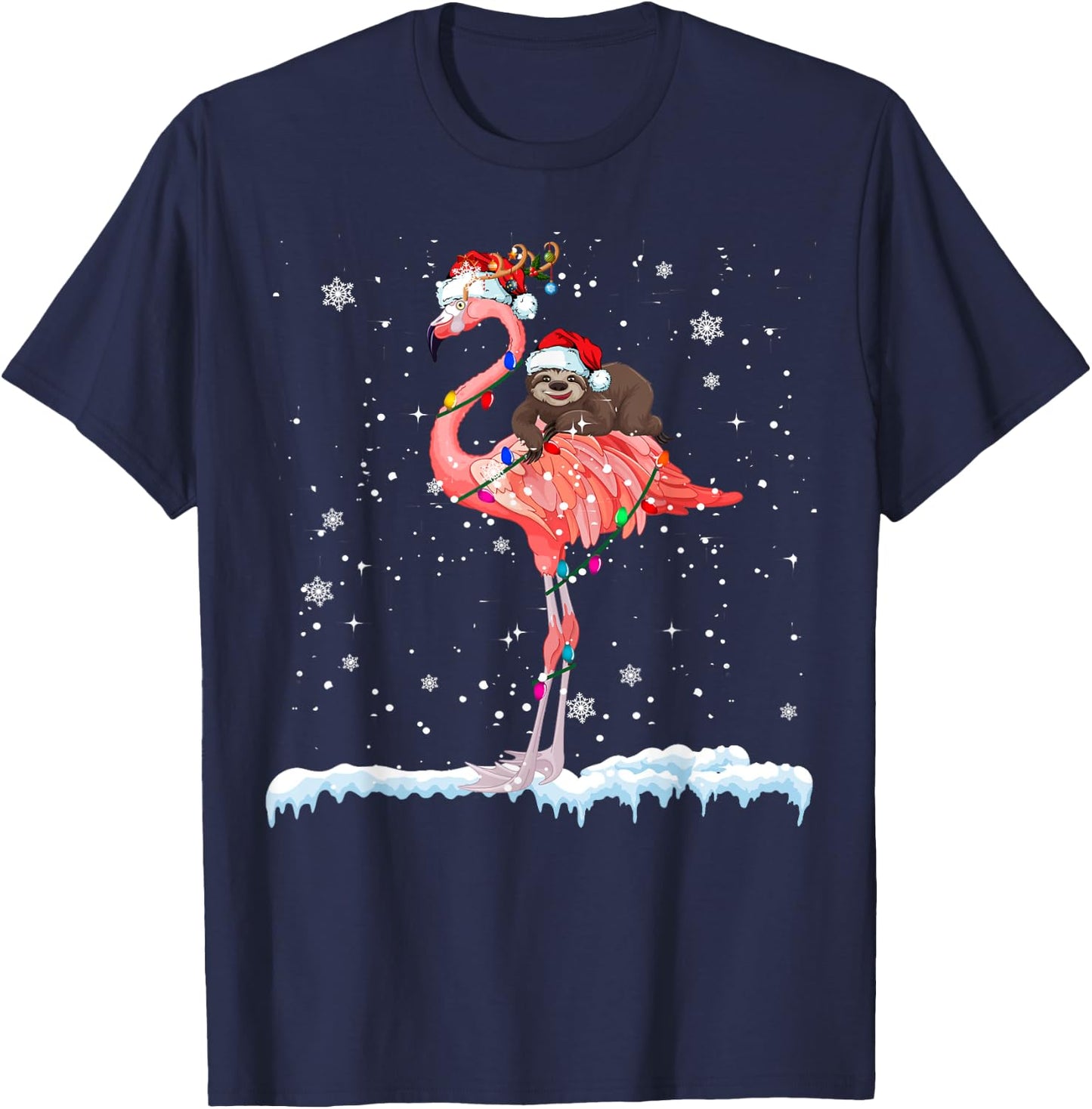 Santa Sloth Ridding Flamingo Reindeer Xmas Sloth Flamingo T-Shirt - T-Shirt | Navy