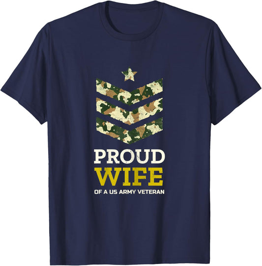 Proud Wife of a US Army Veteran Camo Stripes Gift T-Shirt - T-Shirt | Navy