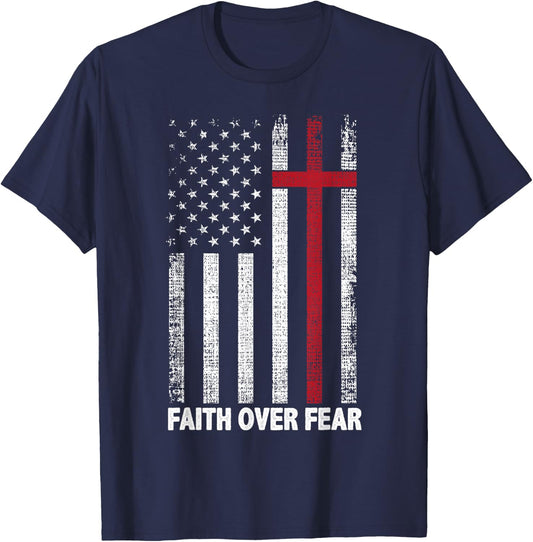 Faith Over Fear Patriotic Christian Cross American Flag T-Shirt - T-Shirt | Navy