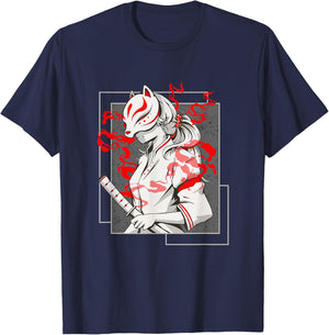 Japanese Fox Mask Aesthetic Kitsune Inari Anime Oni Monster T-Shirt - T-Shirt | Navy