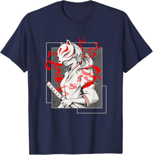 Japanese Fox Mask Aesthetic Kitsune Inari Anime Oni Monster T-Shirt - T-Shirt | Navy