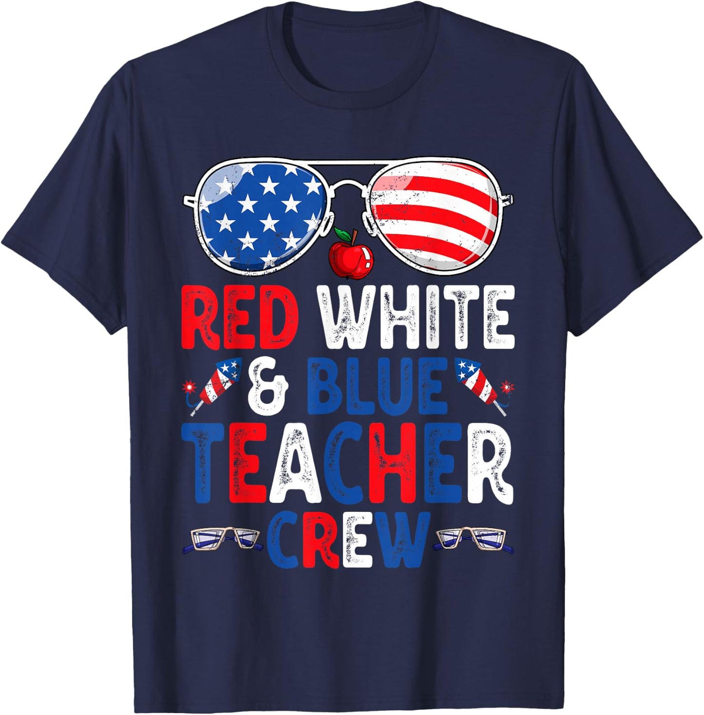 4th Of July Red White & Blue Teacher Crew American Flag T-Shirt - T-Shirt | Navy