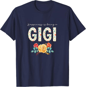 Happiness Is Being A Gigi Floral Flower Grandma T-Shirt - T-Shirt | Navy