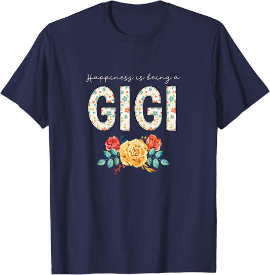 Happiness Is Being A Gigi Floral Flower Grandma T-Shirt - T-Shirt | Navy