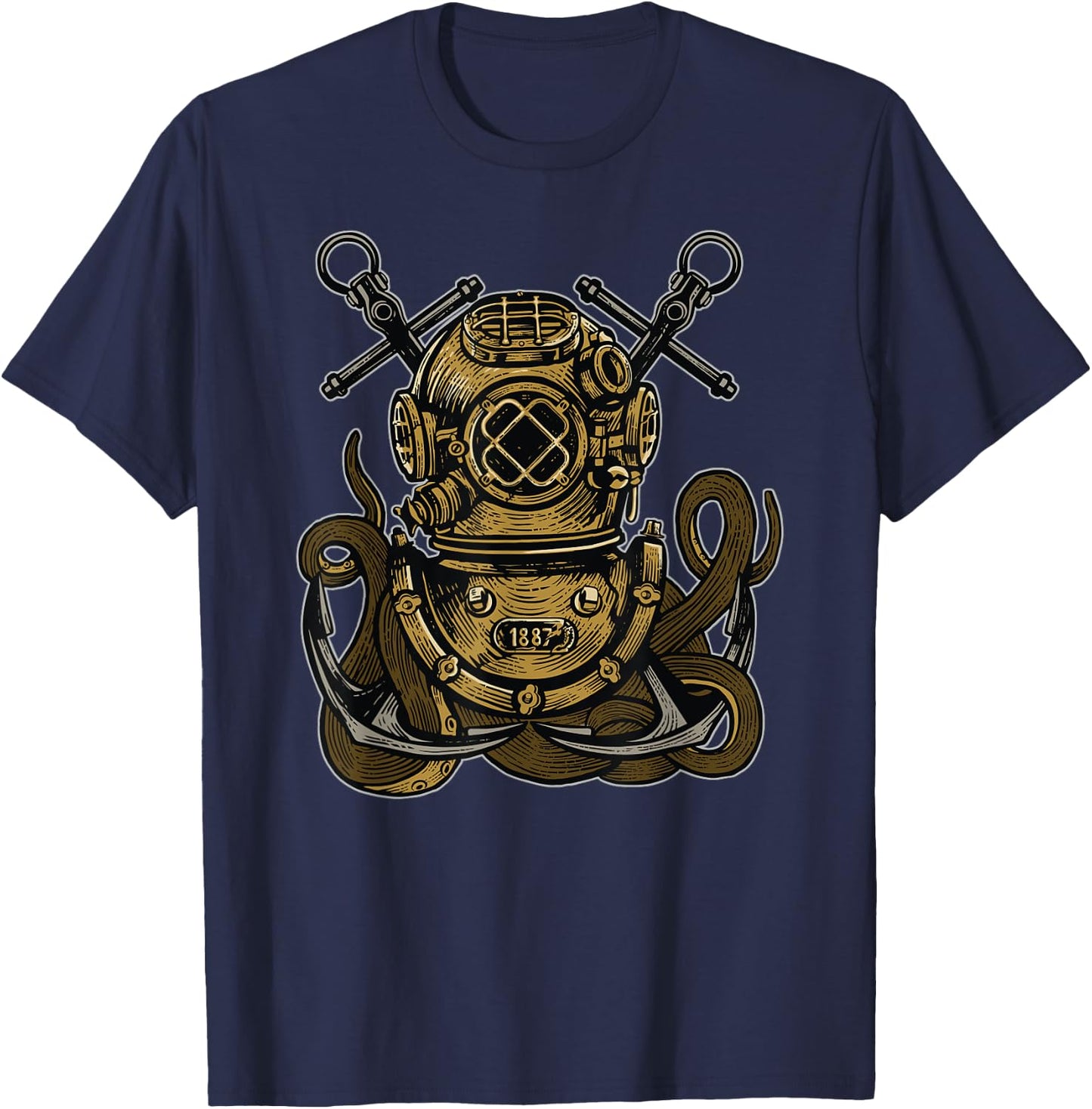 Steampunk Nautical Deep Sea Diver Helmet Anchor Octopus T-Shirt - T-Shirt | Navy
