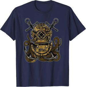 Steampunk Nautical Deep Sea Diver Helmet Anchor Octopus T-Shirt - T-Shirt | Navy