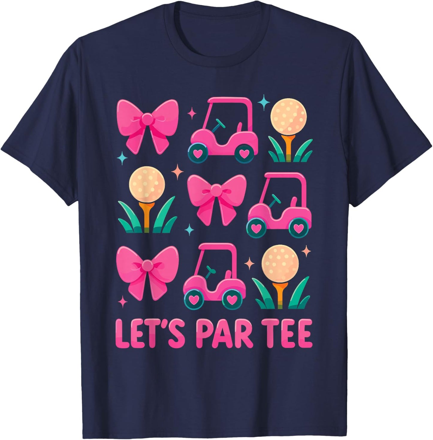Let's Par Cute Pink Golf Cart Bow Pattern Golfer Graphic T-Shirt - T-Shirt | Navy