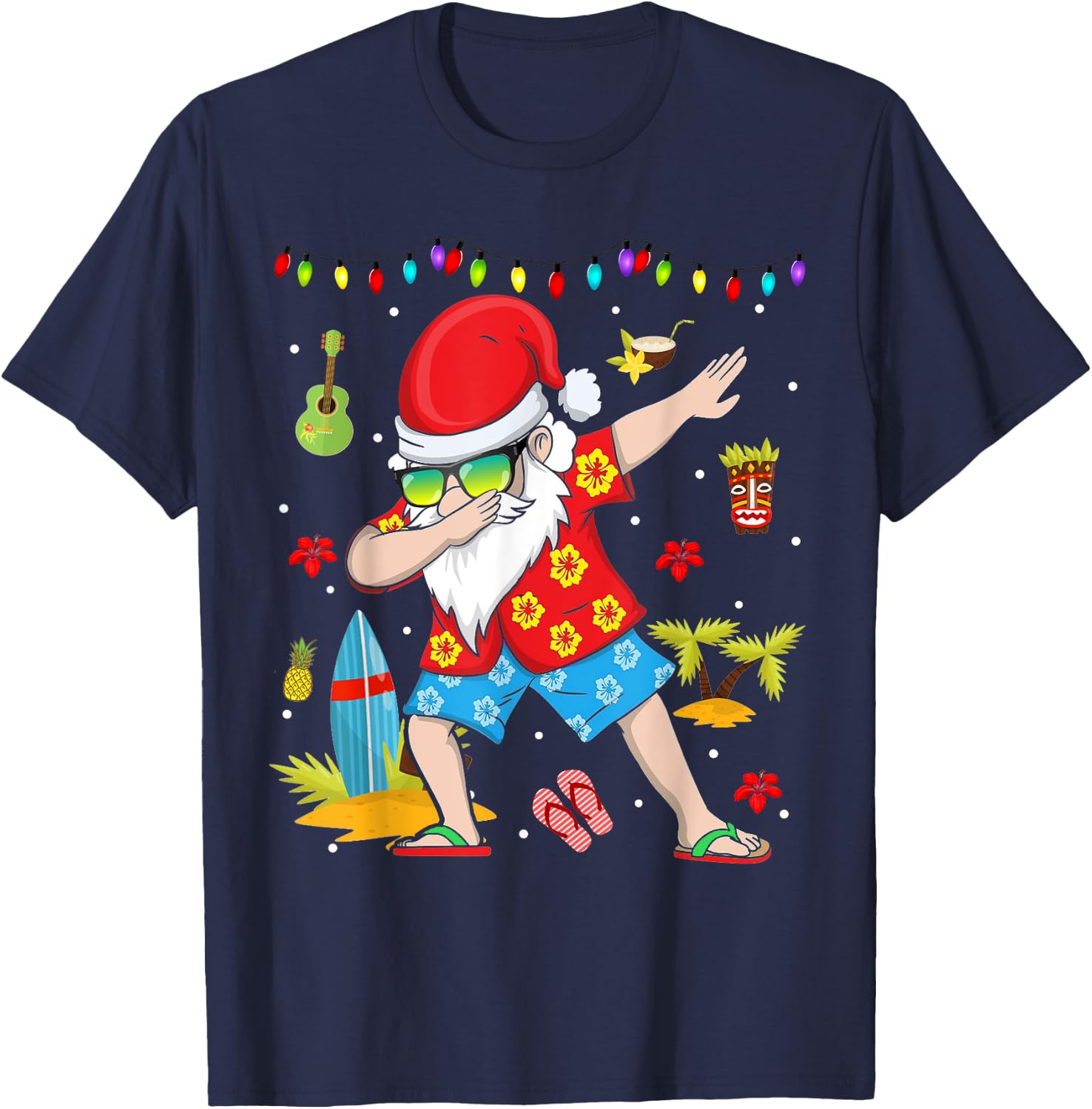 Dabbing Santa Christmas Summer Tropical Hawaiian Surfing Women Kids T-Shirt - T-Shirt | Navy