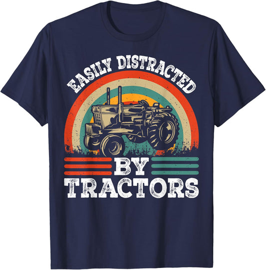 Farm Tractor Driver Cool Farmer Vintage Humor - Easily Distracted By Tractors Funny Tractor - , Black, Small, Short Sleeve, Cotton Blend, Retro, , All Seasons, 1 Count T-Shirt - T-Shirt | Navy
