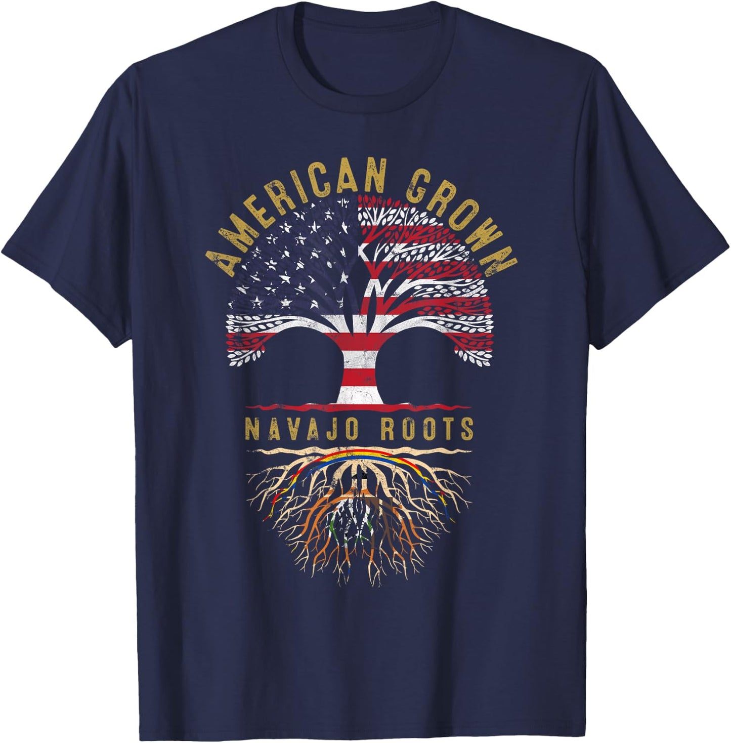 American Grown Navajo Roots Tree Flag Family Heritage T-Shirt - T-Shirt | Navy